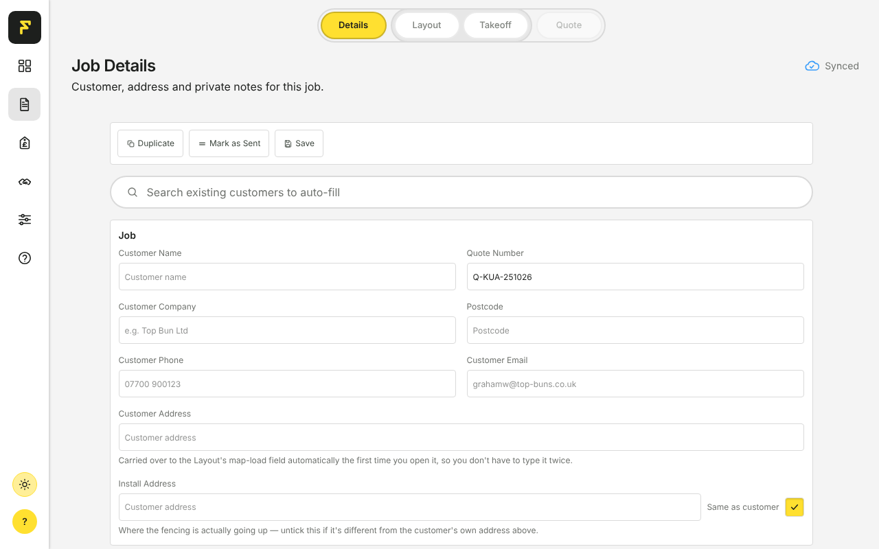 Starting a quote in Fensumo: Details, Layout, Takeoff and Quote